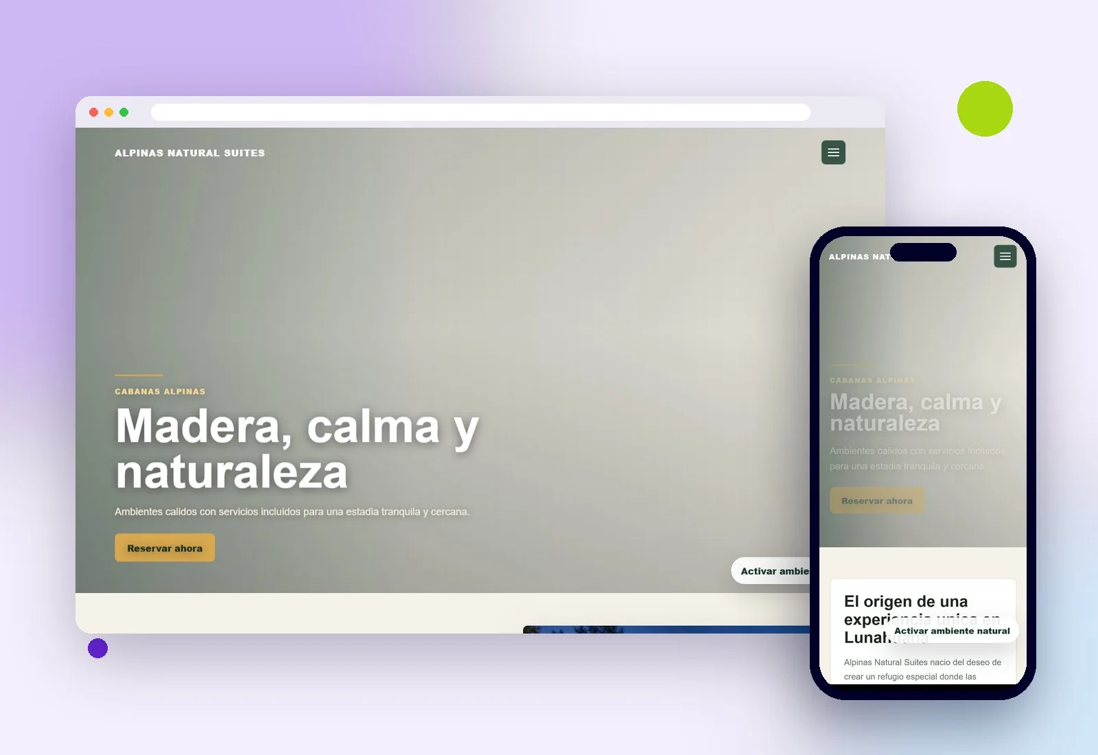 Web de Alpinas Natural Suites en escritorio y celular