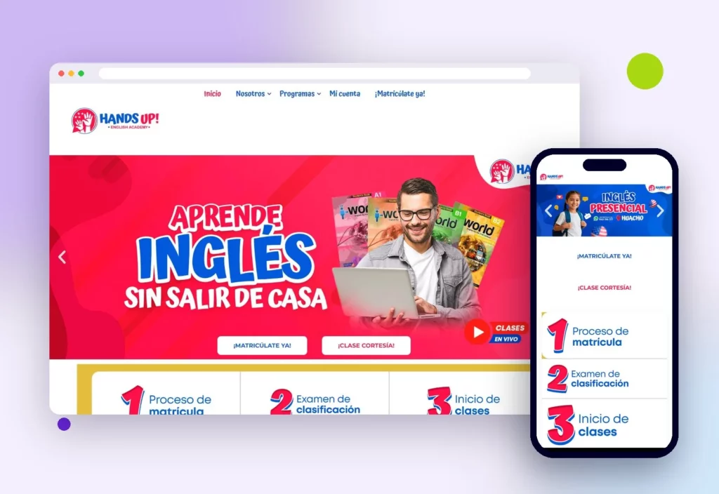 Web de Hands Up English en escritorio y celular